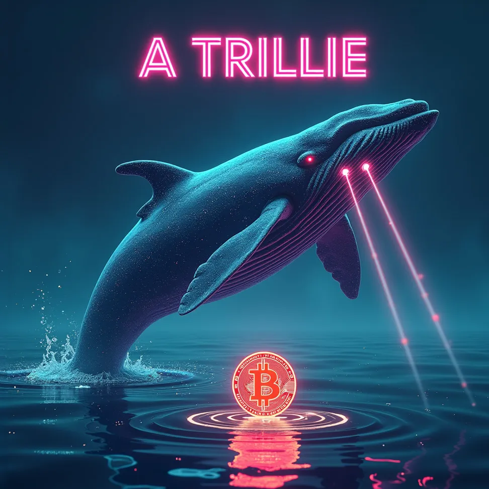 A whale leaping from the ocean over a holographic red Bitcoin coin.