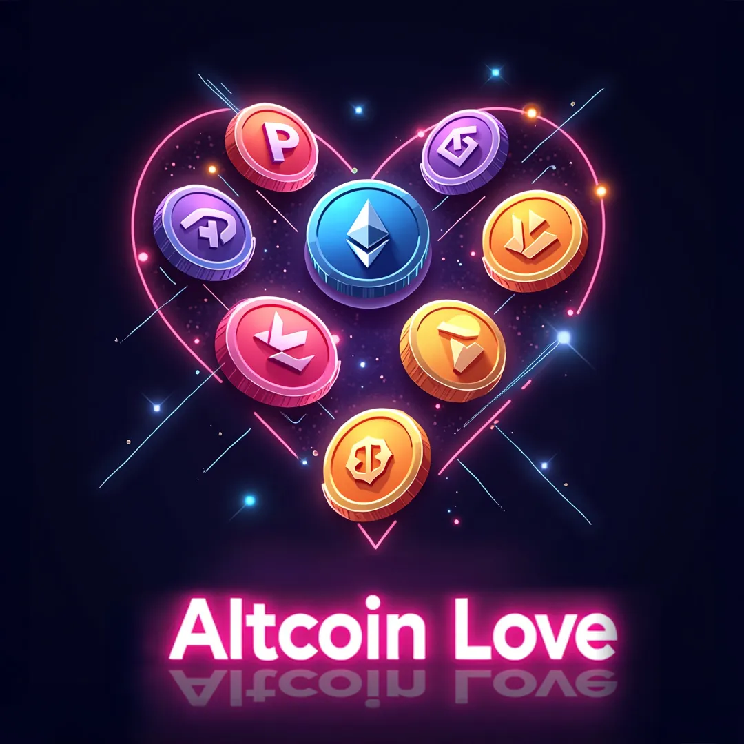 A neon heart-shaped chart made from crypto brand logos.