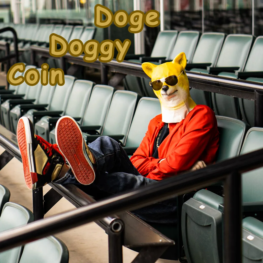 Rito wearing a dog mask in stadium seats with the Doge Doggy Coin title.