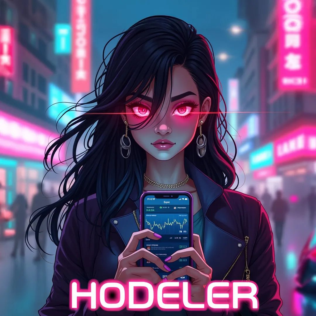 A woman with glowing red eyes holding a phone with crypto charts.