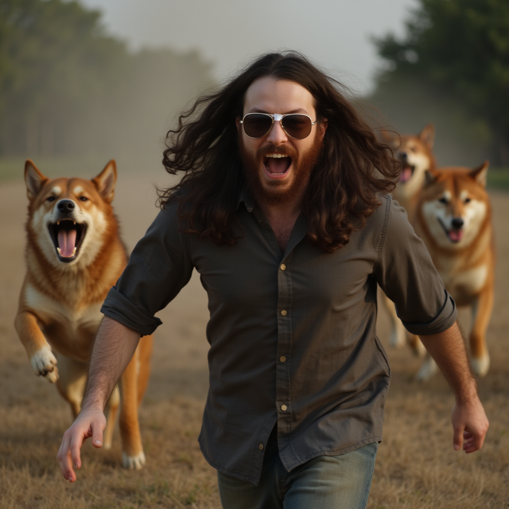 Rito running away from a pack of Shiba Inu dogs