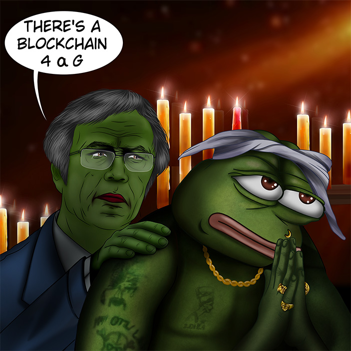 Comic-style Satoshi Nakamoto consoles a praying Pepe-Tupac by candlelight, with a comforting text bubble overhead