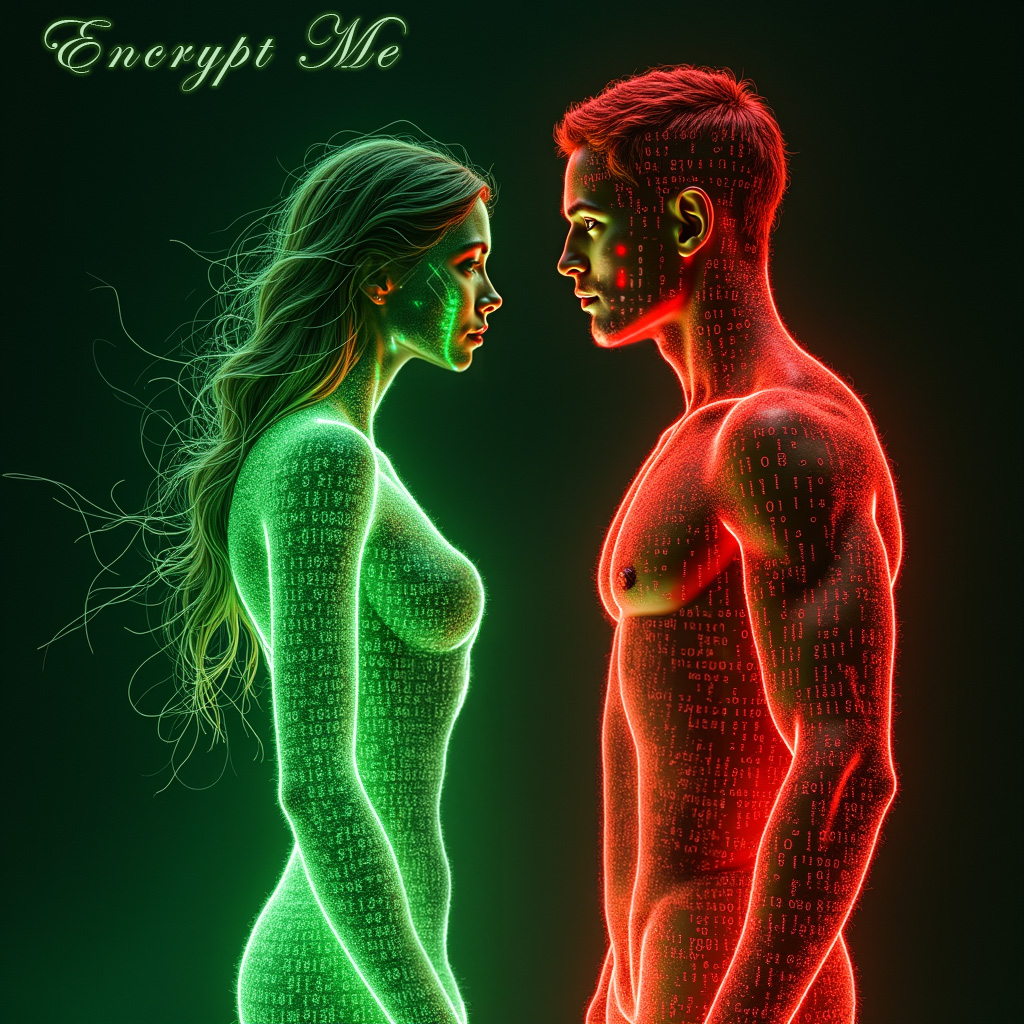 Green stylized female figure stands beside a red stylized male figure with a green cursive caption in top left: Encrypt Me